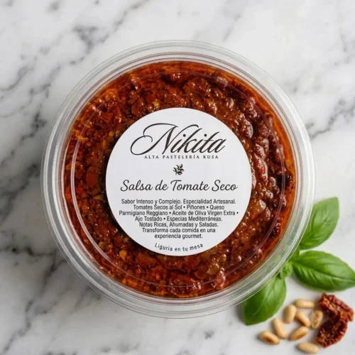 Salsa de pesto rojo con logo