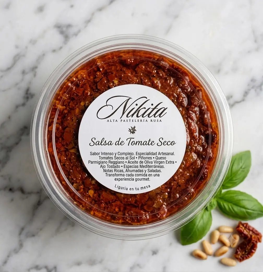 Salsa de pesto rojo con logo